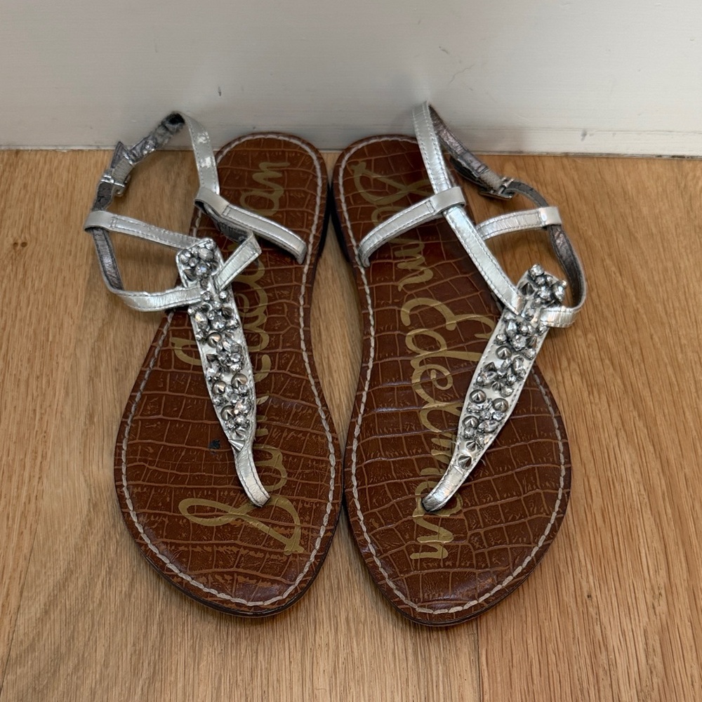 Sam Edelman Silver Jeweled T-Strap Sandals with Brown Croc Footbed